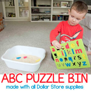 ABC PUZZLE BIN: A quick and easy toddler activity using Dollar Store Supplies; a fun activity from Busy Toddler