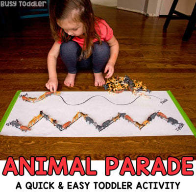 ANIMAL PARADE: Take the animals on a walk in this simple line-up activity; a great fine motor skills activity; spatial awareness activity; easy indoor activity; rainy day activity from Busy Toddler