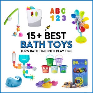 15+ Best Bath Toys: Turn Bath time into play time. A white background with 9 bath toys for kids.
