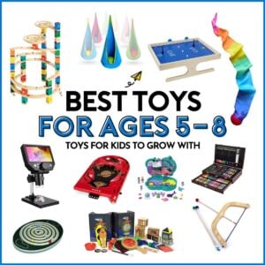 Best toys for ages 5-8: toys for kids to grow with. White image with11 photos of toys.