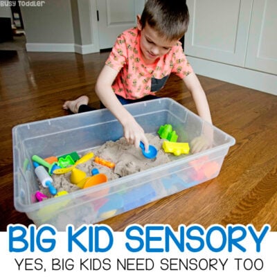 BIG KID SENSORY BINS: An after school activity idea for big kids. Try a sensory bin with kindergarteners - a quick and easy activity for kids to do after school. A screen free activity for kids from Busy Toddler