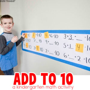 ADD to 10: a kindergarten math activity for the Common Core State Standards; kindergarteners find the missing addend to make 10; add within 10 from Busy Toddler