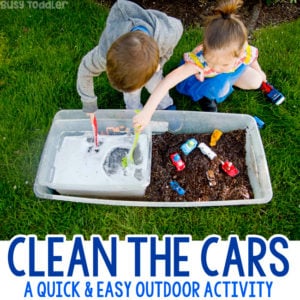 CLEAN THE CARS: The ultimate summer activity; best outdoor activity for toddler; best summer activity for preschoolers; washing station; montessori washing activity; summer fun; water play activity from Busy Toddler