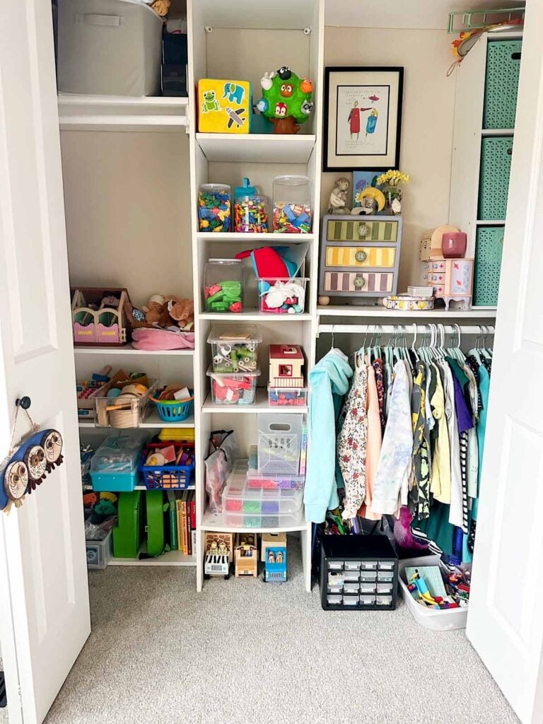 A photo of a child's closet with organization of toys highlighted.