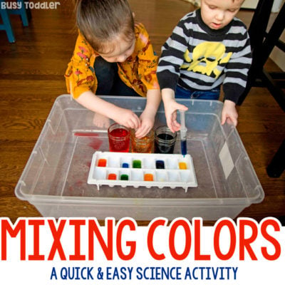 MIXING COLORS: A quick and easy science activity; science activity for toddlers; preschool science activity; learning colors activity; color vocabulary for toddlers; fine motor skills activity; experimenting with toddlers from Busy Toddler