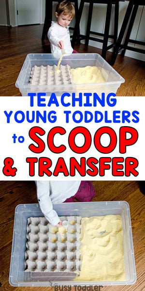 CORNMEAL SCOOPING STATION: An easy toddler activity; a quick taby activity; introducing sensory bins; life skills activity; easy indoor activity from Busy Toddler