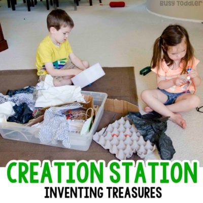 CREATION STATION: Making treasures from trash. Easy indoor activity; recycled activity; preschool STEM activity; toddler STEM activity; quick and easy activity; working with recyclables; kids activity; rainy day activity; recycled sensory bin activity from Busy Toddler