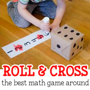 ROLL & CROSS: What a fun and easy math game for kids of all ages! This is a perfect number recognition and counting game for toddlers and preschoolers. They will love playing with this homemade dice and racing to cross out the numbers!