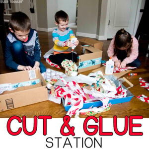 CUT and GLUE STATION: Help your children create and imagine with this cut and glue station. A quick and easy activity for kids of all ages (toddlers, preschoolers, kindergarteners). Help kids learn valuable cutting and gluing skills with Busy Toddler