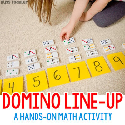DOMINO LINE-UP: Grab out those dominos for this quick and easy preschool math activity; number sense activity; addition activity; hands-on math activity; easy math activity from Busy Toddler