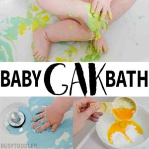 BABY GAK BATH: A quick baby activity that you can set up in seconds. Entertain baby with this simple sensory activity that's taste safe. Baby will love playing with Ooblek / Gak / Gloop.