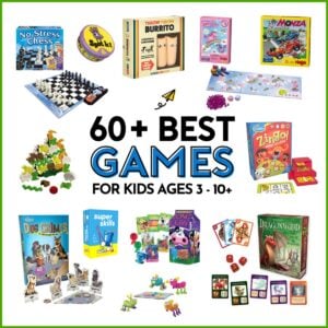 60+ Best Games for Kids ages 3-10+: image is white with 11 different games for kids
