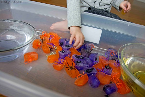 A child's hand picking up orange and purple ice cubes frozen with spiders inside