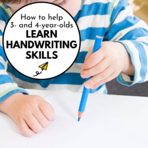 How to help 3- and 4-year-olds learn handwriting skills: a child in blue stripes holds a blue pencil and tries to write.