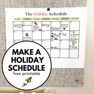 Make a holiday schedule: free printable. Image shows a calendar with drawings.