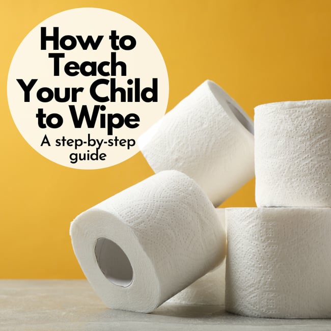 How to teach your child to wipe: A step by step guide (yellow background with 5 rolls of toilet paper).