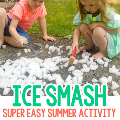 ICE SMASH: An easy summer activity that's quick to set up! Kids love this fun ice activity; playing with ice cubes; smashing ice cubes; easy toddler activity; easy outdoor activity for kids from Busy Toddler
