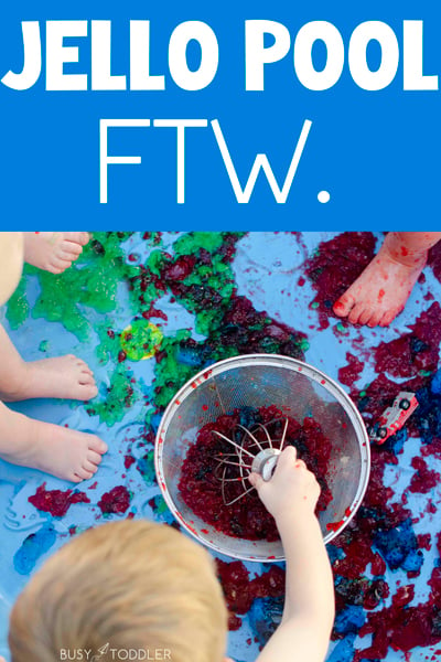 JELLO PARTY: Need a fun win this summer? Try making a Jello sensory bin. It's a messy good time for kids of all ages and a great outdoor activity. Such a fun way to play with a kiddie pool from Busy Toddler