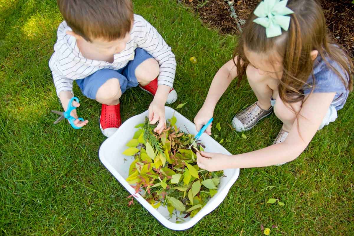Two children bend over a white dishpan. They are cutting yard trimmings with blue scissors.