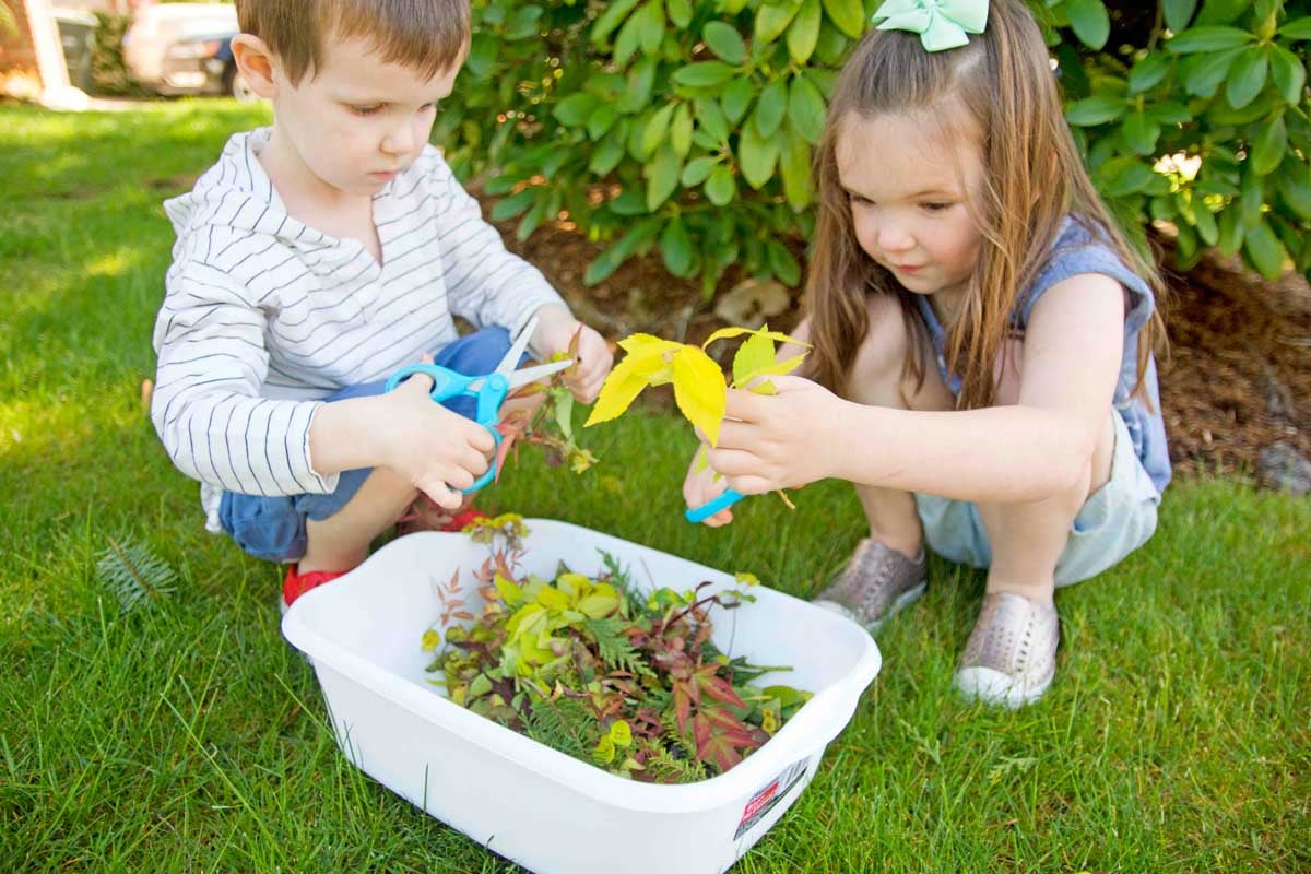 Two children squat at a white dish pan filled with yard trimmings. They are cutting up the trimmings with blue scissors.