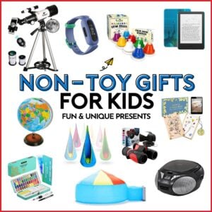 Non-Toy Gifts to Give Kids: fun ideas for a variety of ages. White background with images of kid products.