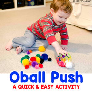 POM POM OBALL PUSH: A quick and easy activity; taby activity; toddler activity; easy indoor activity; fine motor skills activity; easy rainy day activity from Busy Toddler