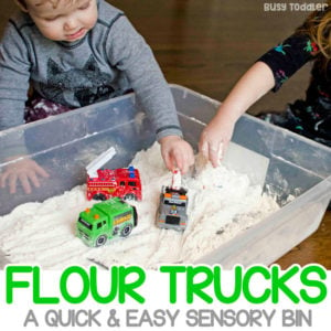 FLOUR TRUCKS: A quick and easy sensory activity for toddlers; a great sensory bin; easy rainy day activity for toddlers; messy sensory play; easy toddler activity from Busy Toddler