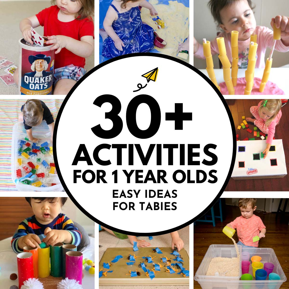 30+ easy ideas for one-year-olds. Images is a collage of 8 photos showing some of the activities