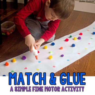 PRESCHOOLER FINE MOTOR ACTIVITY: This match and glue activity is AWESOME! Kids will love this pom pom activity that's so quick and easy to set up; an easy gluing activity for preschoolers from Busy Toddler