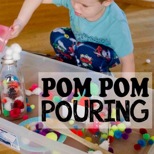 POM POM POURING: A fast and easy toddler sensory activity; easy toddler activity; fun activity for a rainy day