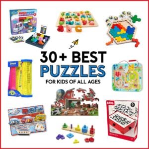 30+ Best Puzzles for Kids of All Ages: Image is white with 9 puzzles arranged around the wording.