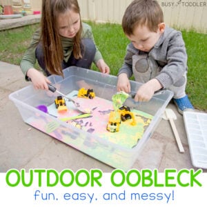 OUTDOOR OOBLECK: Take messy play outside with this fun and easy oobleck activity from Busy Toddler. Make rainbow oobleck for your kids. A great backyard / outdoor activity for kids.