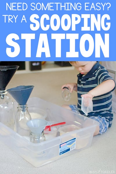 A SCOOPING STATION: Create a fun sensory experience for your toddler with this easy activity scooping and pouring different materials (from Busy Toddler)