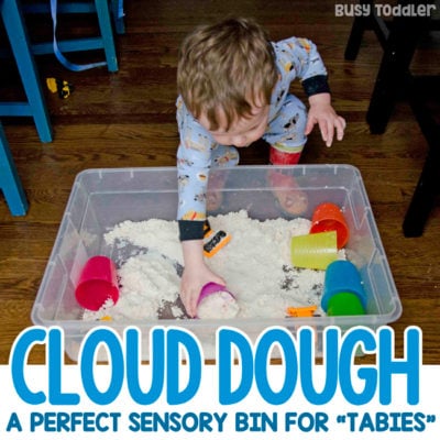 TABY CLOUD DOUGH: A quick and easy taby activity; toddler activity; baby activity; rainy day activity; indoor activity; sensory bin activity from Busy Toddler