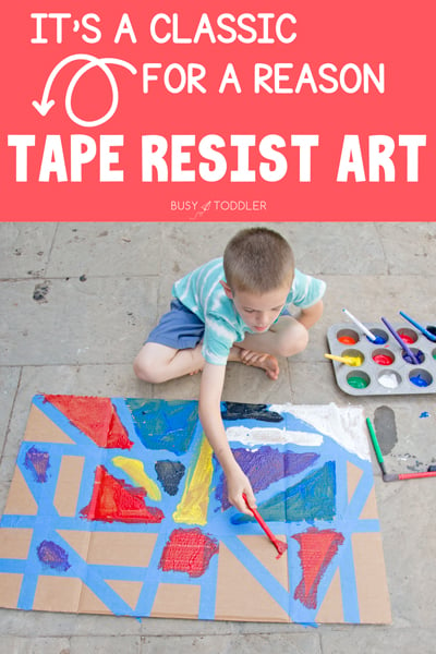 A child doing a tape resist art kids activity.