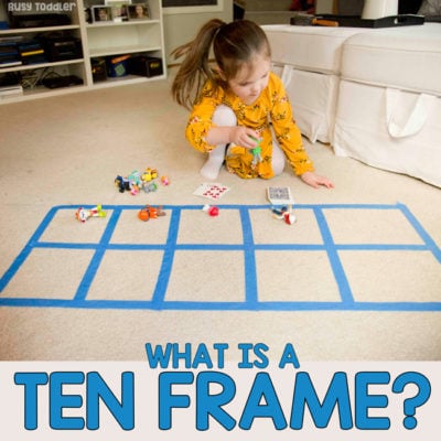 TEN-FRAME MATH ACTIVITY: What is a ten frame? How do kids use them? A preschool math activity; kindergarten math activity; playing preschool activity; easy indoor math activity; quick and easy activity from Busy Toddler