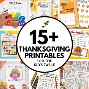 15+ thanksgiving printables for the kid's table: image shows 8 printables for Thanksgiving.