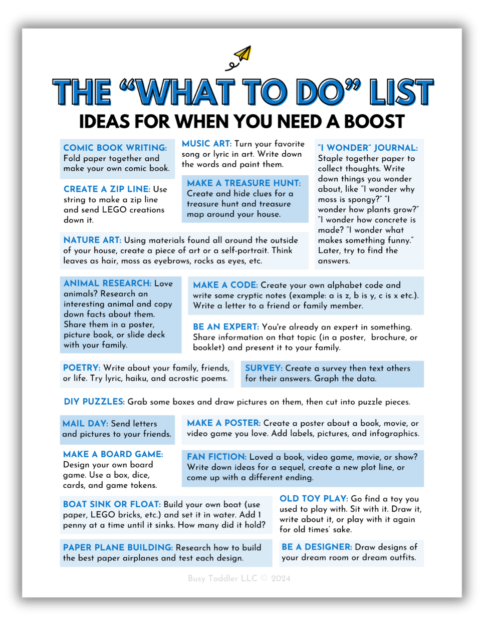 The What to Do List - Ideas for when you need a boost: a list of 20 activities for kids ages 8-12 years old